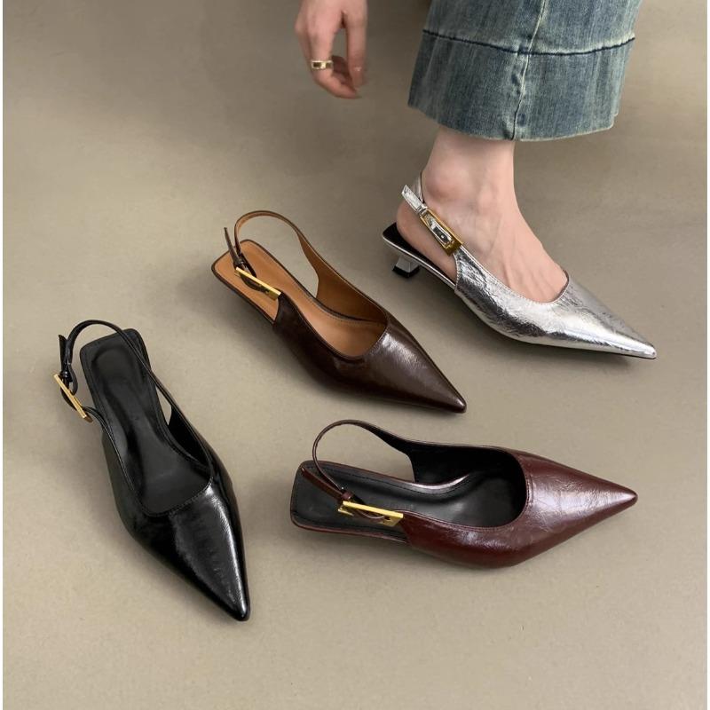 Fashion 2025 Black Summer New Women Sandal Fashion Pointed Toe Shallow Slip On Ladies Elegant Slingback Shoes Thin Med Heel Dress Mules