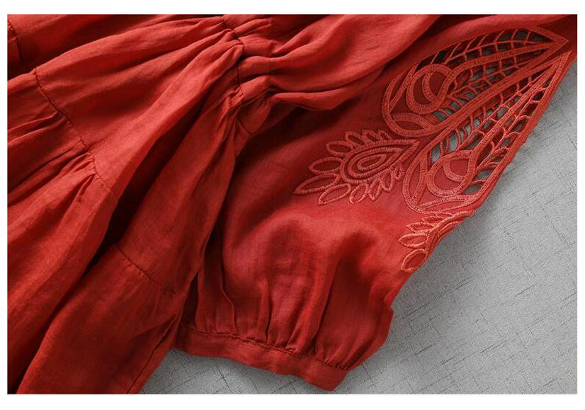 2023 Summer Retro Women's Plus Size Cotton Linen Dress with Hollow Design and Loose Waist