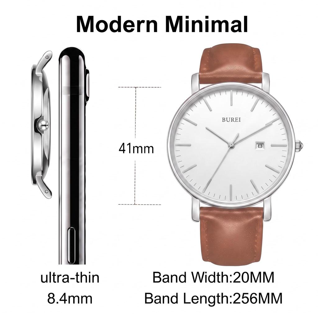 Leather Date Business Slim Watch M [BUREI] Men's Watch, Simple, Business, Waterproof, Analog, Stylish, Popular, Display, Brand, Gentleman's Men's