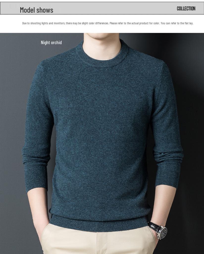 Men's Pure Wool Round Neck Base Layer Sweater - Solid Color Versatile Knitwear for Autumn/Winter