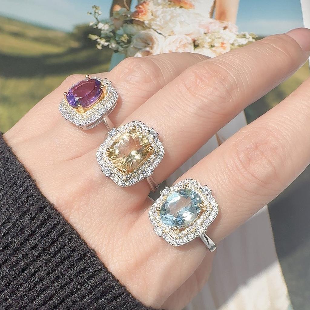 S925 Sterling Silver 18K Gold Natural Gemstone Ring Light Luxury Index Finger Ring Energy Jewelry Women