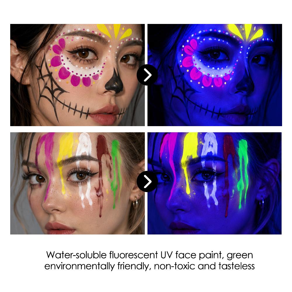 6er Halloween Gesichts- und Körpermalcreme Set, Leuchtendes Neon Fluoreszierendes Make-up, Langanhaltende Wasserdichte Kosmetik für Skelett Clown Cosplay Festival Rave