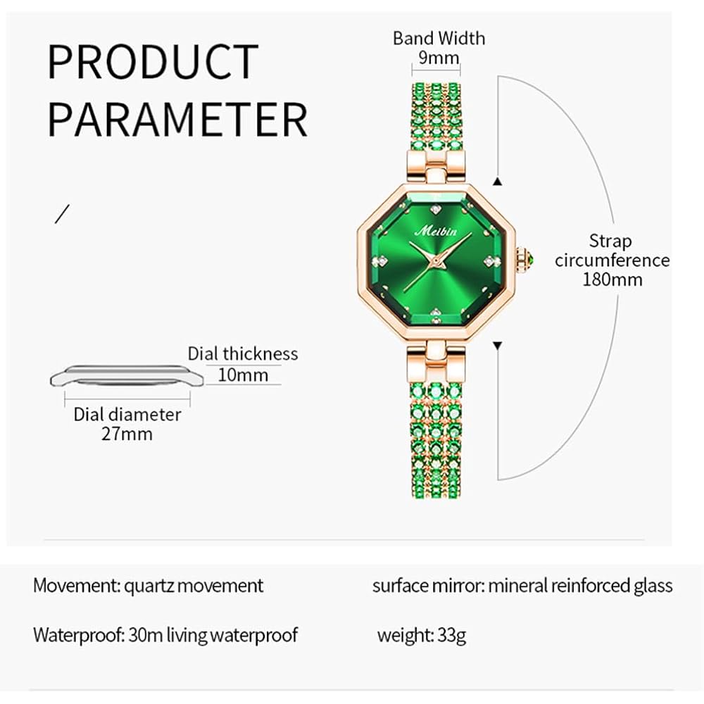Crystal Women's Square Bracelet Watch Green Waterproof Simple Quartz Fashion