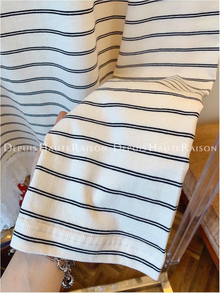 Korean-Style Striped Lace Trim Fake Two-Piece Long-Sleeve Women's T-Shirt