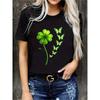 Women's Elegant Green Clover & Butterfly Graphic T-Shirt Crew Neck Short Sleeve Stretchy Casual Summer Top with Golden Belt Buckle