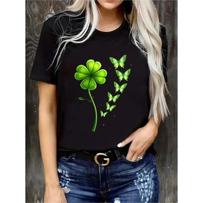 Women's Elegant Green Clover & Butterfly Graphic T-Shirt Crew Neck Short Sleeve Stretchy Casual Summer Top with Golden Belt Buckle