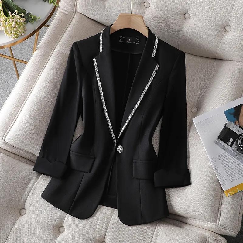 

Блейзер с алмазной инкрустацией и рукавами семь четвертей на весну и лето, высококачественный дизайн маленькой куртки, нишевая мода, повседневный блейзер M чёрный