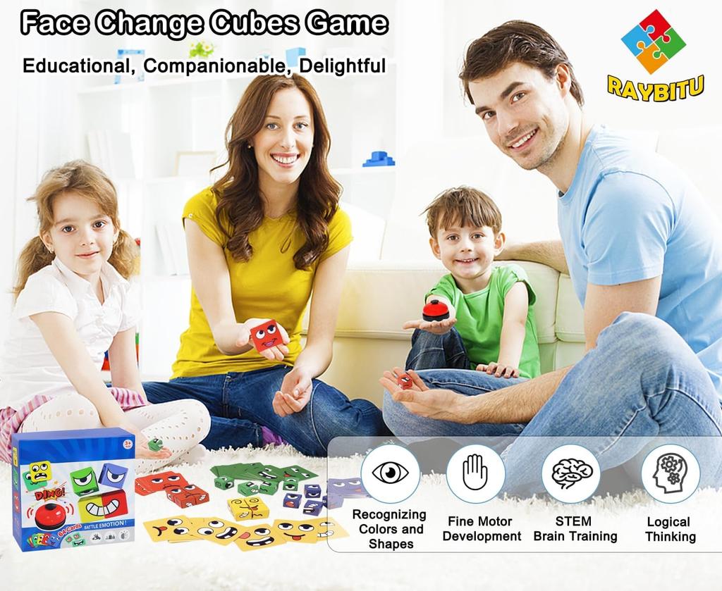 Face Changing Magic Cubes Game,Expression Matching Block Puzzle with Bell, Educational Building Toy for Adults