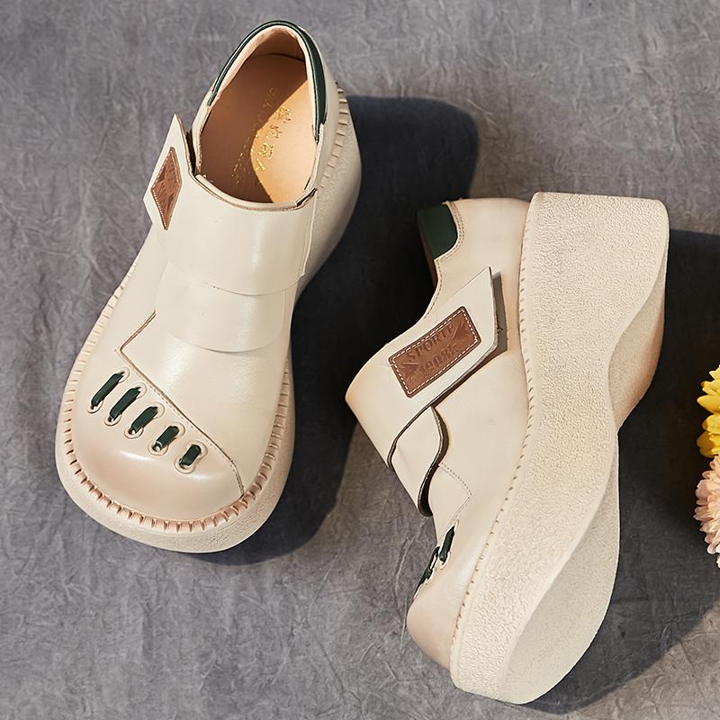 Fashion GKTINOO Retro Flat Platform Women Wedges Shoes Luxury 6cm Platform Shoes Thick Heels Genuine Leather Casual Hook & Loop Pumps