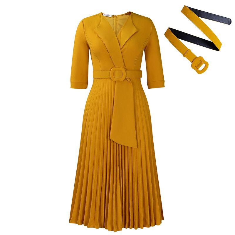 

C8599 Fall and Winter New Arrival Women s Clothing Fashion Tailored Collar Pleat and Waisted Plus Size Africa Dress Yellow XL