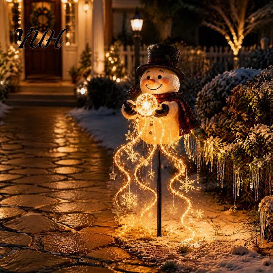 Solarbetriebene Feiertags-Gartendekoration Schneemann Gartenlicht mit fließenden Schneeflocken, LED-Weihnachts-Wasserfall Warmweiß Außenbeleuchtung Stern, Wetterfest