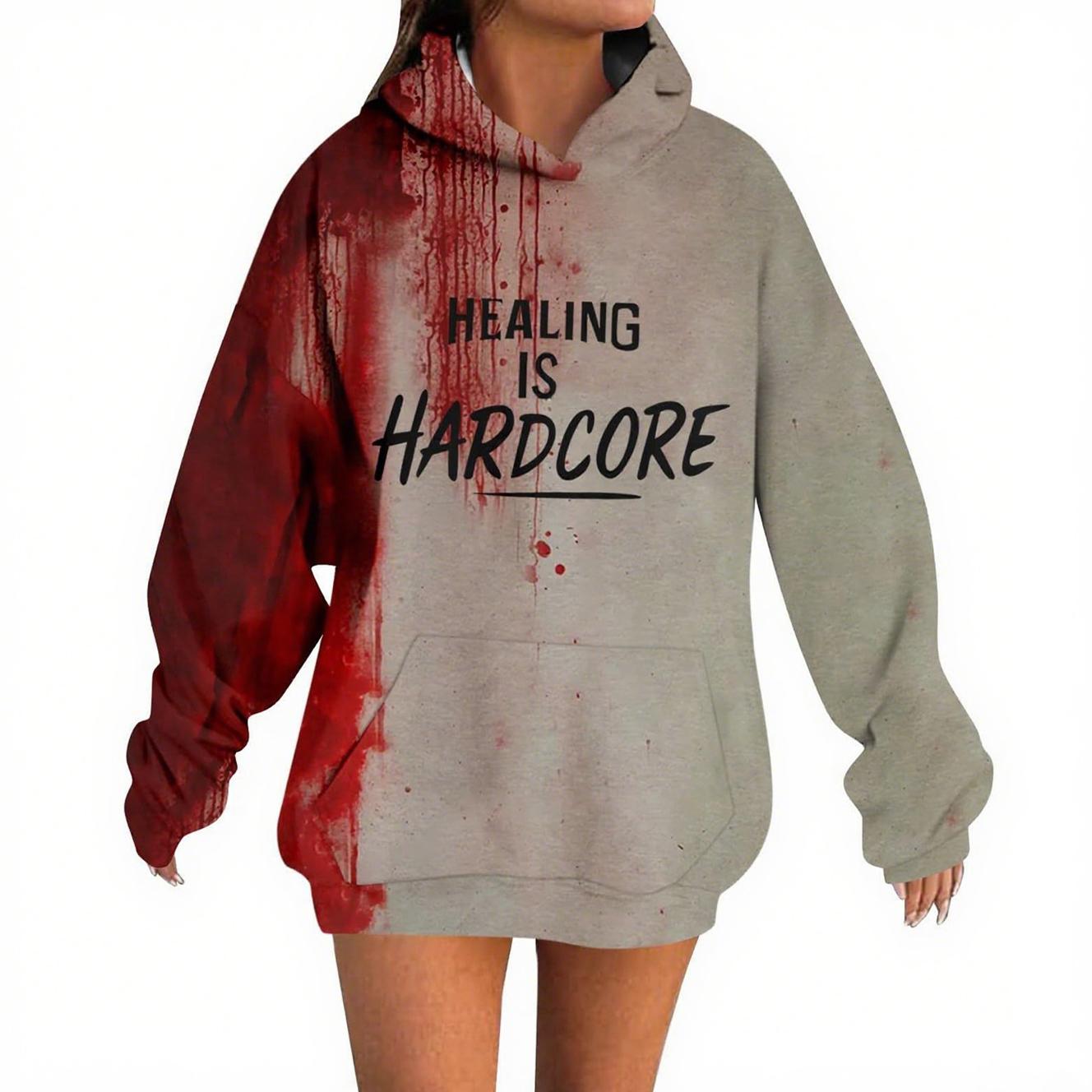 

Смешные толстовки на Хэллоуин для женщин, с длинным рукавом, с принтом букв, страшный костюм, новинка, осенняя, оверсайз, с капюшоном, модная L