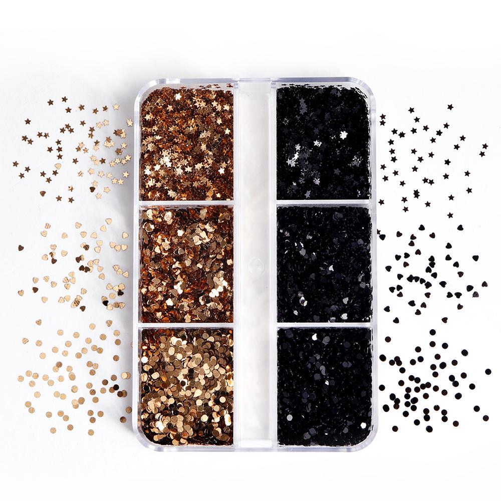 

6 сеток Любовные звезды Глиттер для ногтей Блестки Черный Золотой Круглые хлопья Украшения для нейл-арта Аксессуары DIY Корейские материалы для ногтей