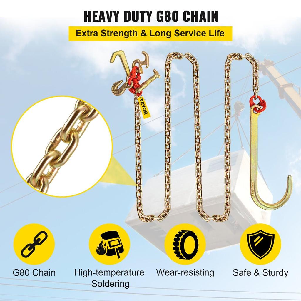 J Hook Chain, 5/16 in x 10 ft Bridle Tow Chain, G80 Bridle Transport Chain, Alloy Steel Chain with 2 G70 J Hooks, 9260 Lbs Break Strength Tow Hooks