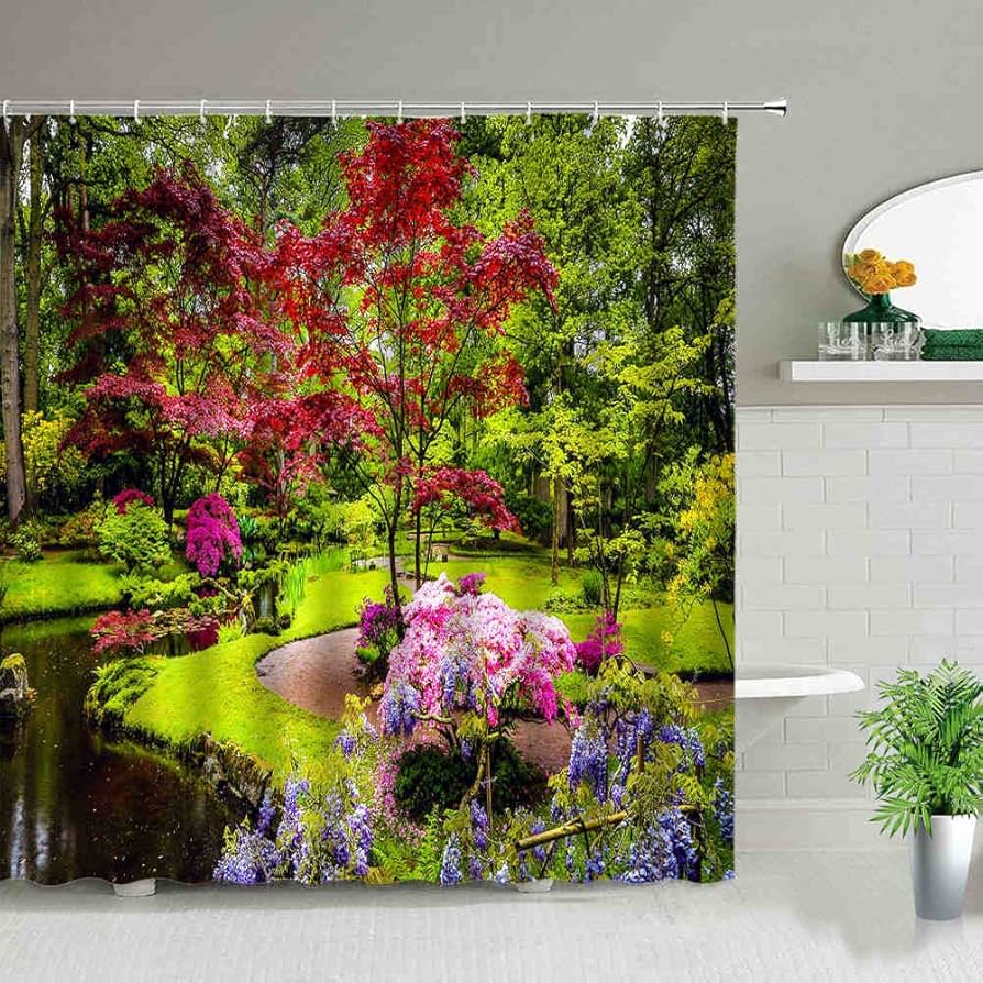 Pink Floral Shower Curtain Kids Decor Spring Flower Park Forest Road Landscape Scenic Bathroom Curtain Decor Set with 12 Hooks