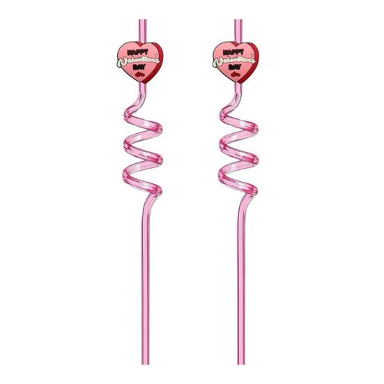 2Pcs Colorful Spiral Straws Creative Drinking Straws with Heart Lip Cake Charm Romantic Pink
