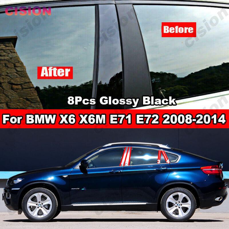 8x Glossy Black Mirror Effect Window Door Column Center B C Pillars Post Cover Trim PC Sticker For BMW X6 X6M E71 E72 2008-2014