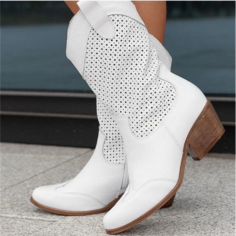 Fashion New Style Popular White Western Fashion Cowboy Boots Low Heels Women's Mid-Calf Luxury Cowgirl Boots Casual Shoes Zapatos Mujer