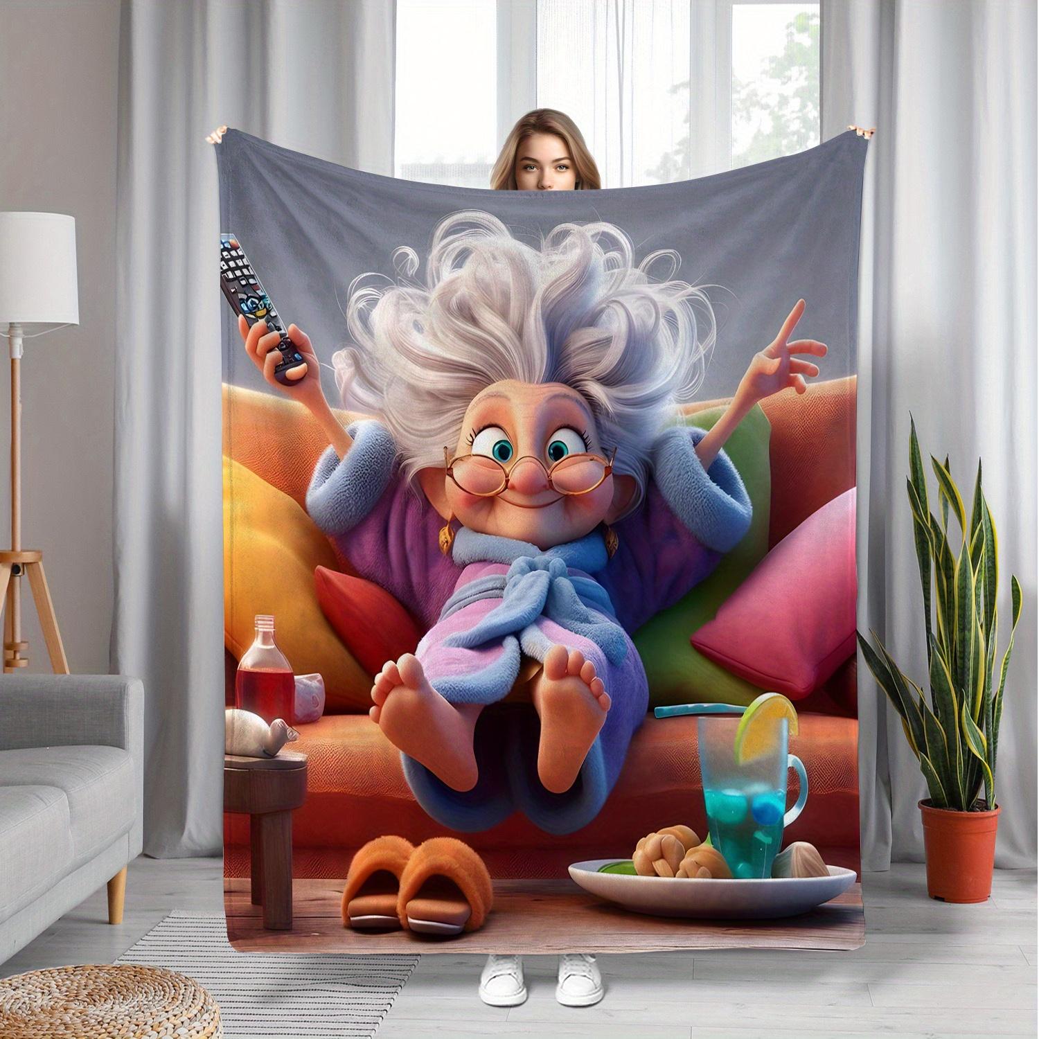 Grandma Portrait Plush Blanket - Lazy Sofa Life Pattern, Warm Comfortable Shawl, Perfect Home Decoration Birthday/Holiday Gift 75X95CM