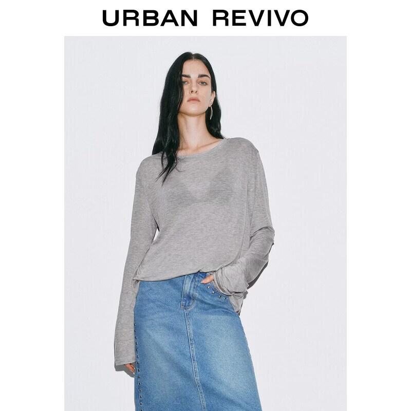 UR2026 Women s Pleated Back Slit Long Sleeve T-shirt L
