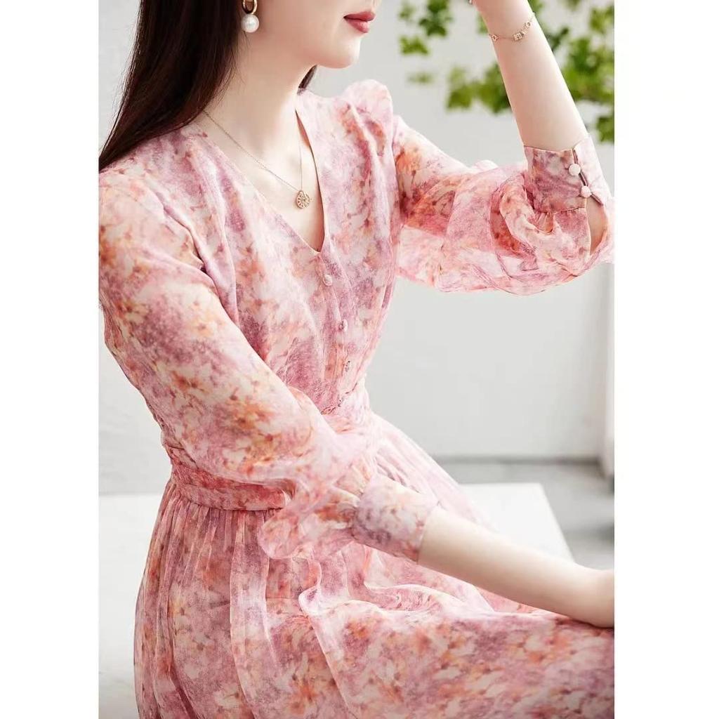 Chiffon Midi Elegant Floral Perfect for and Everyday Wear [JINZUOMA] Women's Dress, Long-Sleeved Dress, V-Neck, Spring/Summer, Fashion, Print, Dates,