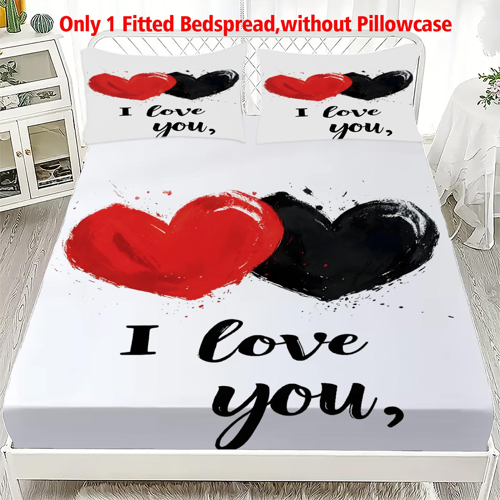 

1pc Blaack Red Love Heart Print Fitted Sheet 100% Polyester Durable Bedding Set Sheet for Home Bedroom Decoration Birthday Gift 99x190x25cm