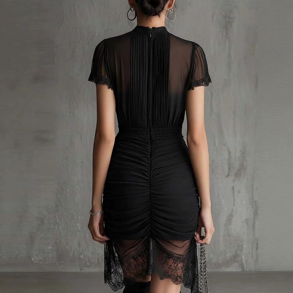 New European and American Style Black Sheer Lace Patchwork Dress, Slimming High-slit Short Skirt with Lace