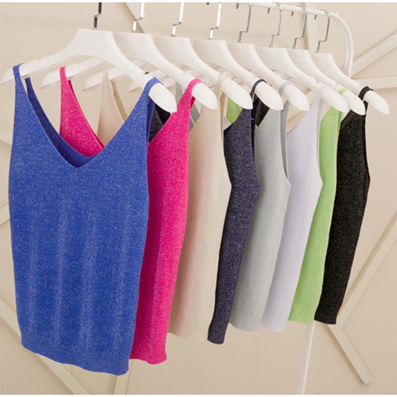 Summer Knitted Slim Sexy Top Tank Women Bright V Neck Sleeveless Vest Shirts Tops Tees