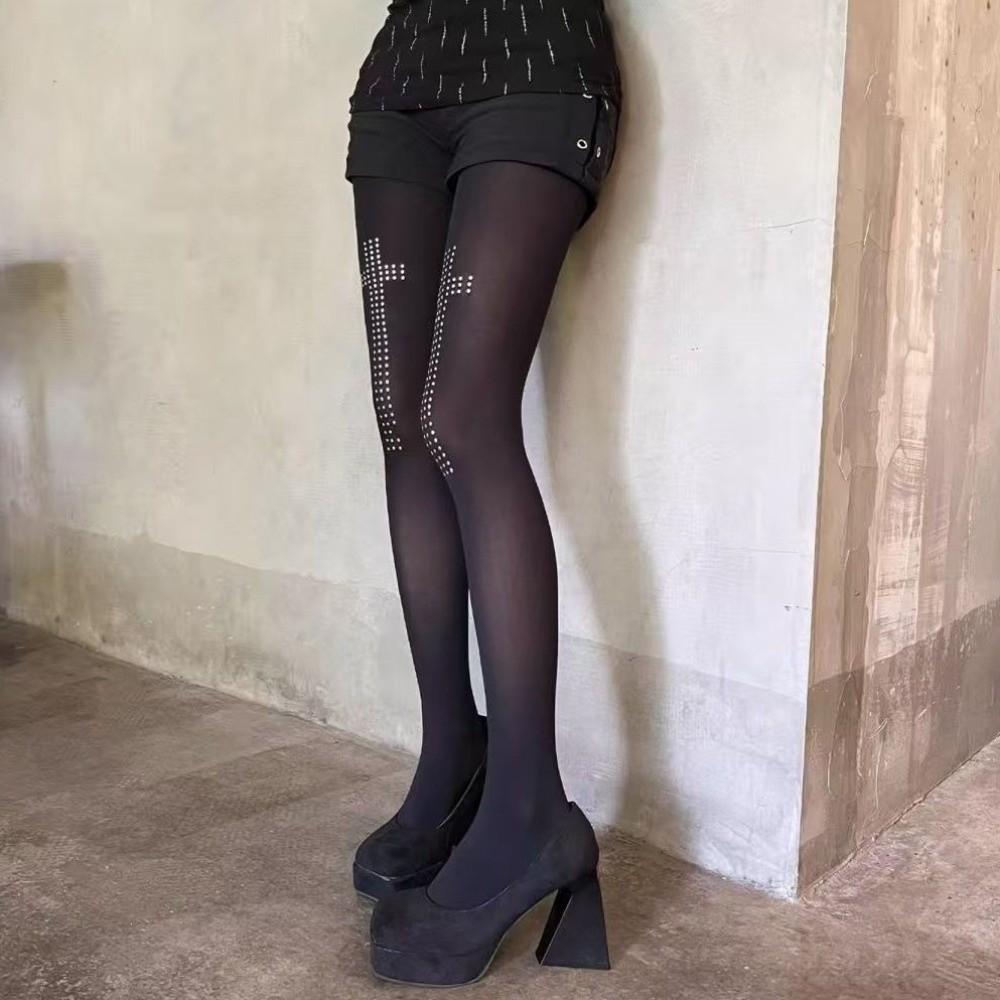 Vintage Cross Pantyhose Breathable Rhinestone Stockings Fashion Black Gothic Tights Party Wear
