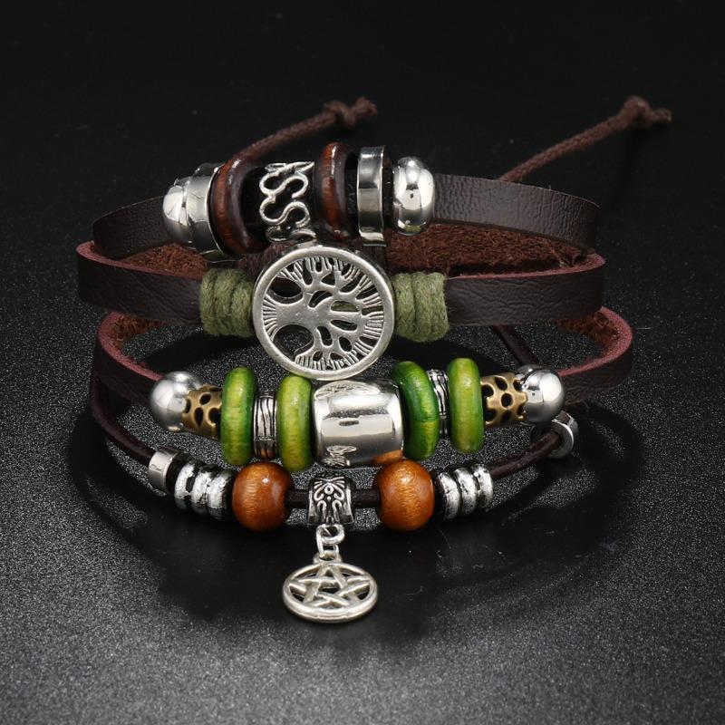 Punk Handmade Beaded Cowhide Bracelet Alloy Tree of Life Logo Leather Woven Bracelet Fashion
