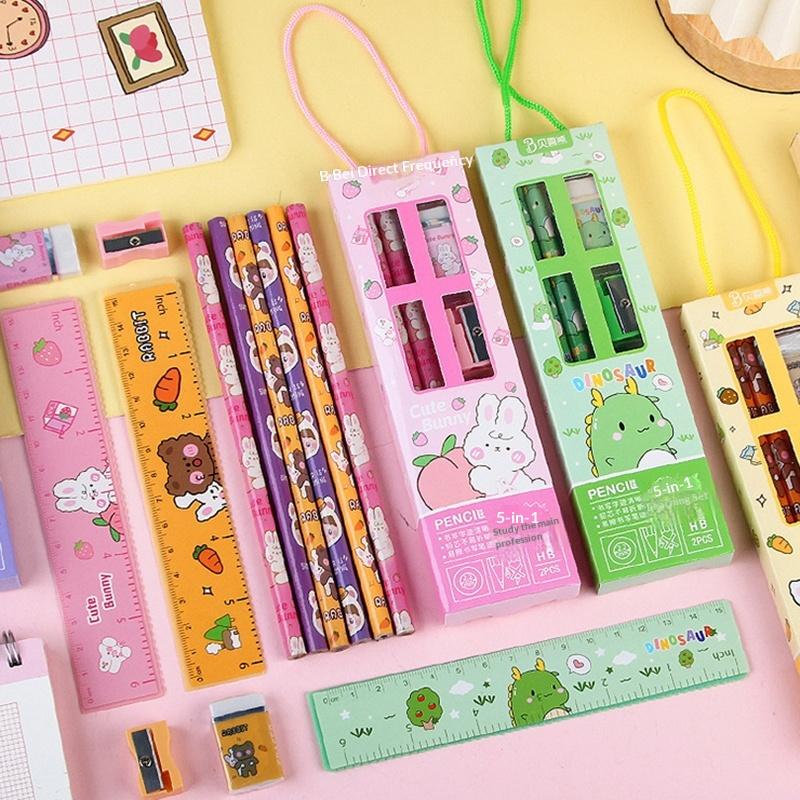5 In 1 Pencil Set Portable Stationery Prize Cute Cartoon Stationery Gift Box Set School Supplies Writing Tool Stationery Set