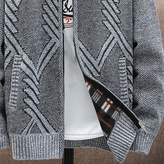 Gestrickte Langarm Herren Strickjacke Herbst Winter Geometrisches Muster Stehkragen Pullover Mantel Oberbekleidung