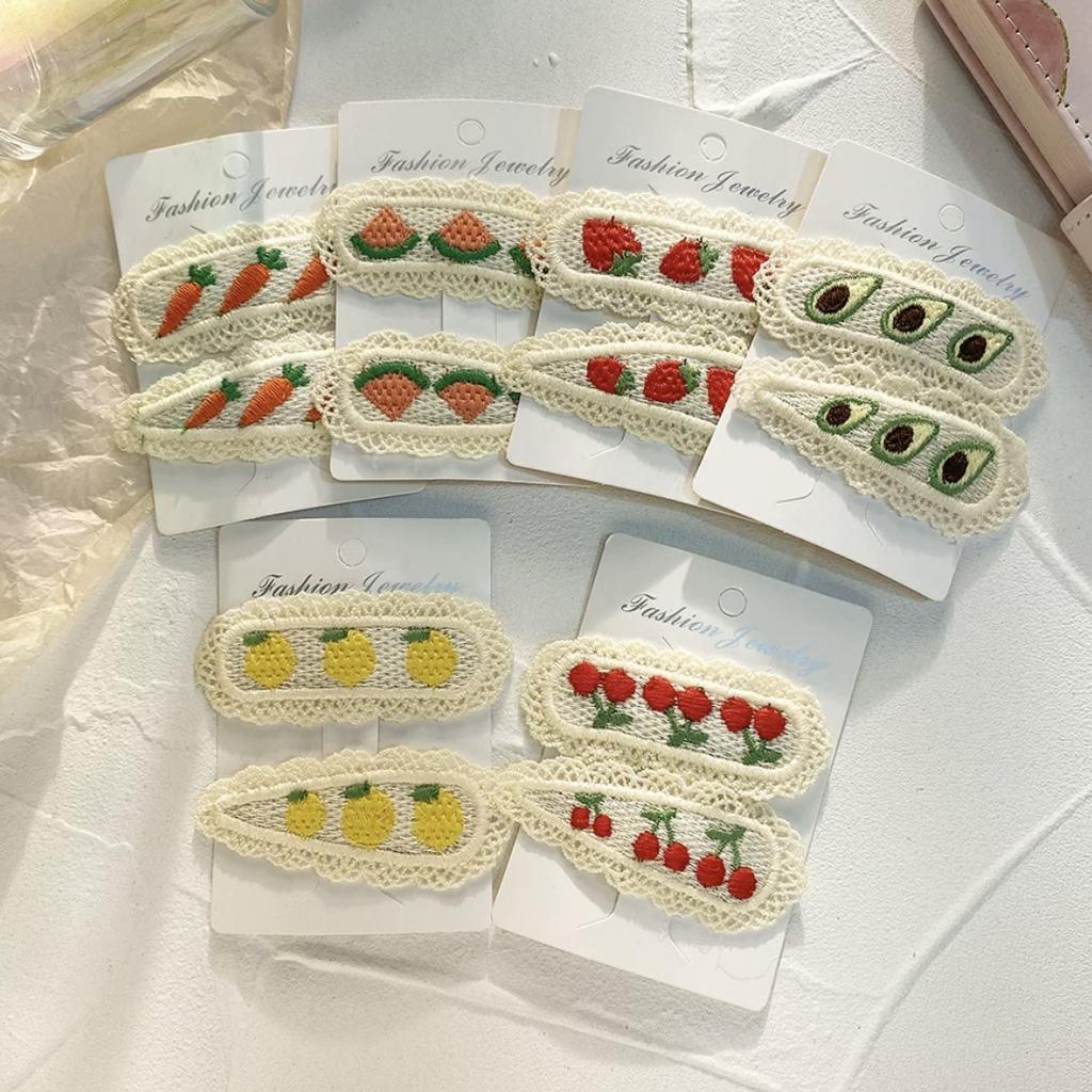 2PC Embroidery Cherry Strawberry Hollow Knitting Hairpins Vintage Lace Side Clips for Girls Women Cute Kids Fruit Hair Clips