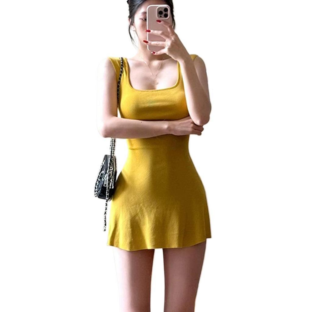 Solid color pure desire wind sleeveless vest type U-neck dress femininity hollow waist waist slim A word miniskirt