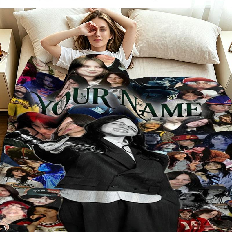1PC Billie Eilish Custom Name Patterned Flannel Blanket Suitable For All Seasons for Home Decor Warmth and Comfort Gifts Holiday Present