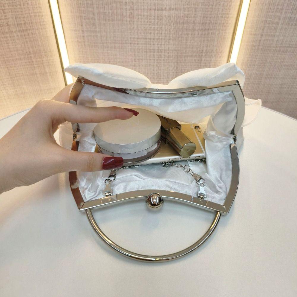 Metal Handle Bridal Clutch Bag Satin Bow Wedding Purse Luxury Bow Evening Handbag  Women