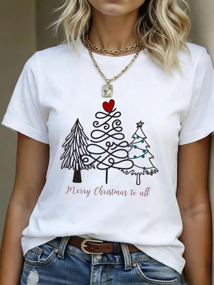 (Asian Size) plaid truck Merry Christmas Women's Top Short Sleeve T-shirts O-neck T Shirt Print Fashion Casual New Year Clothing Graphic Tee