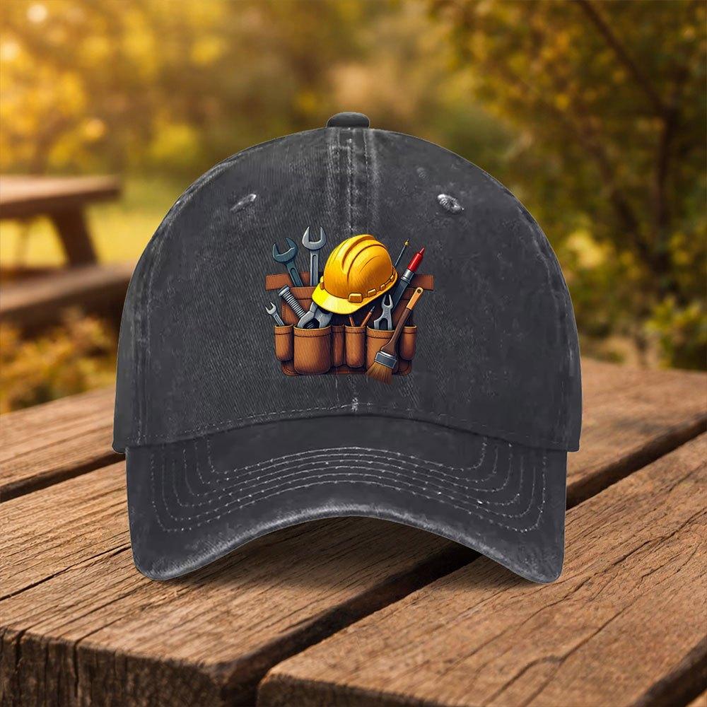 Construction Worker Tool Print Baseball Cap with ToolThemed (NailsHammersScrews) Adjustable Duckbill Cap Suitable for Outdo