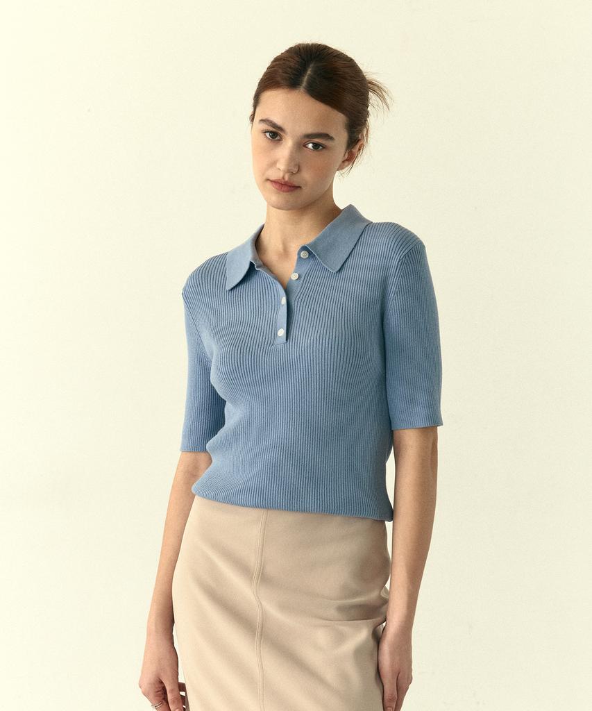 210EDIT Women'S Ribbed Collared Short Sleeve Knit - 5 Colors [Zg2Sw510]