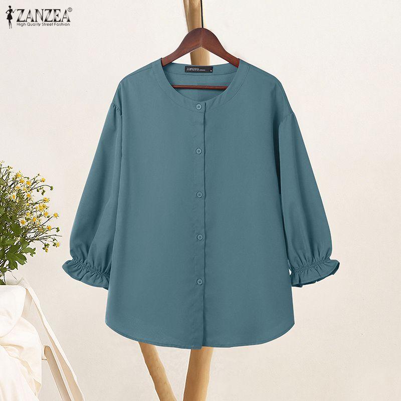 ZANZEA Women Casual Round Neck Solid Color Loose 3/4 Sleeve Blouse