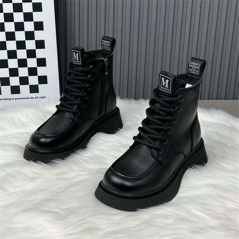 Winter Women's Boots Thick Plush Warm Snow Boots Lace Up Ankle Boot Fashion Casual Leather Boots for Women High Top Cotton Botas