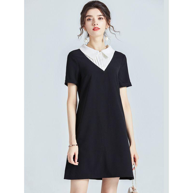 

Patchwork Black Summer Casual Slim Looking Chiffon Dress Black S