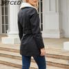 BITCED Autumn/Winter Long-Sleeved Fleece-Lined Leather Jacket for Women with Lapel Collar, Double-Ended Zip and Belted Waist for Warmth