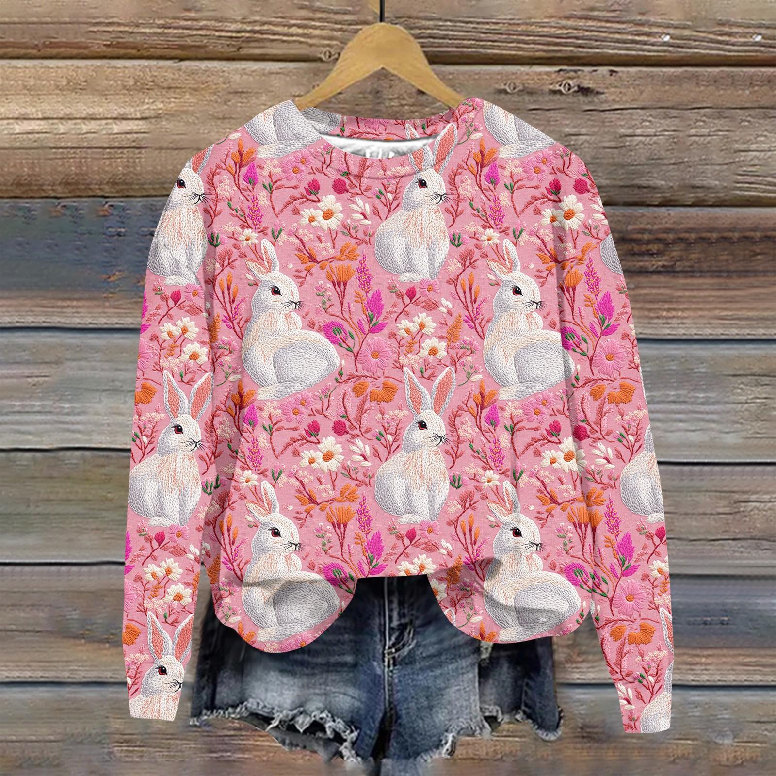 

Женская мода Пасха Печатный Длинный рукав Свободный круглый вырез Толстовка Топ M