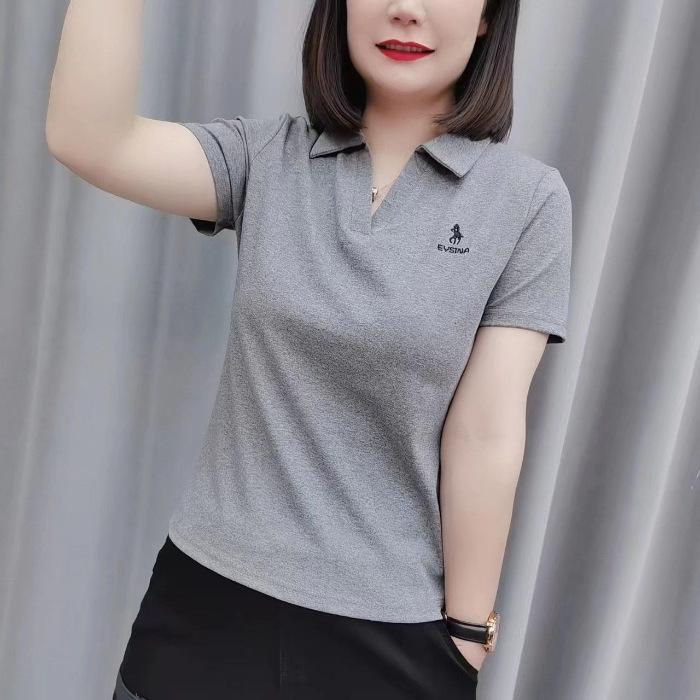 Women's Fashion Casual Summer Spring Solid Color Print Short Sleeve POLO Neck Blouses & Shirts