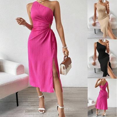 Rochie Midi Elegantă Sexy Fără Mâneci cu un Umăr Culoare Solidă Decupată Talie Înaltă pentru Femei