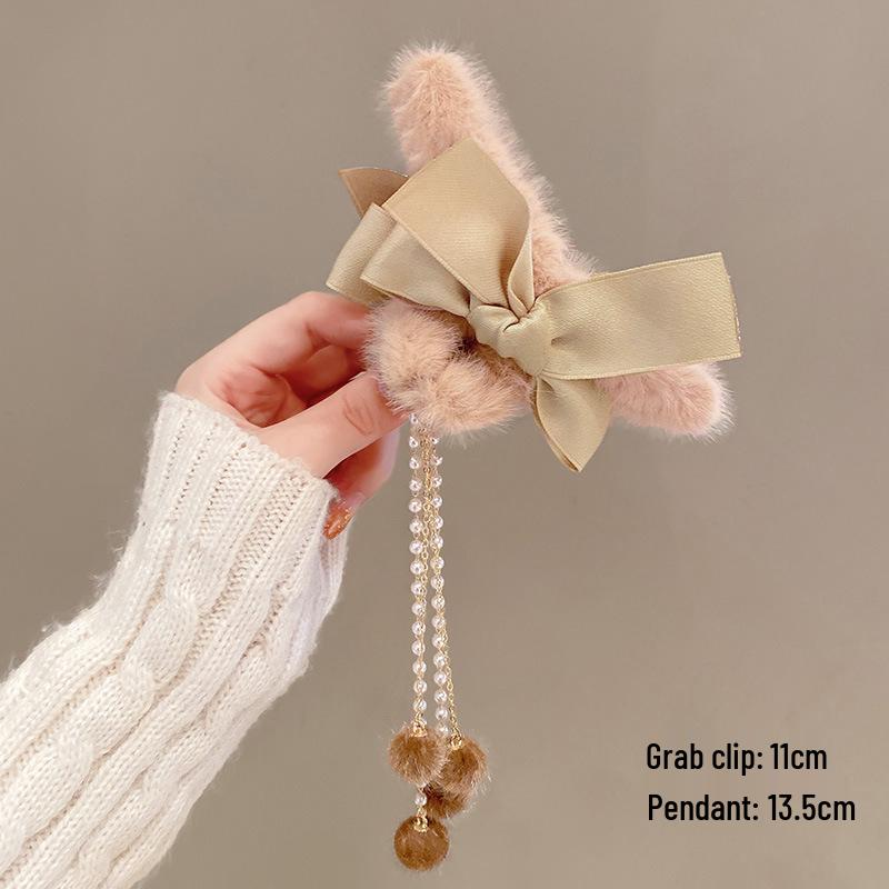 Korean Style Plush Bow Hair Clip with Tassel - Autumn/Winter Women's Hair Accessory
