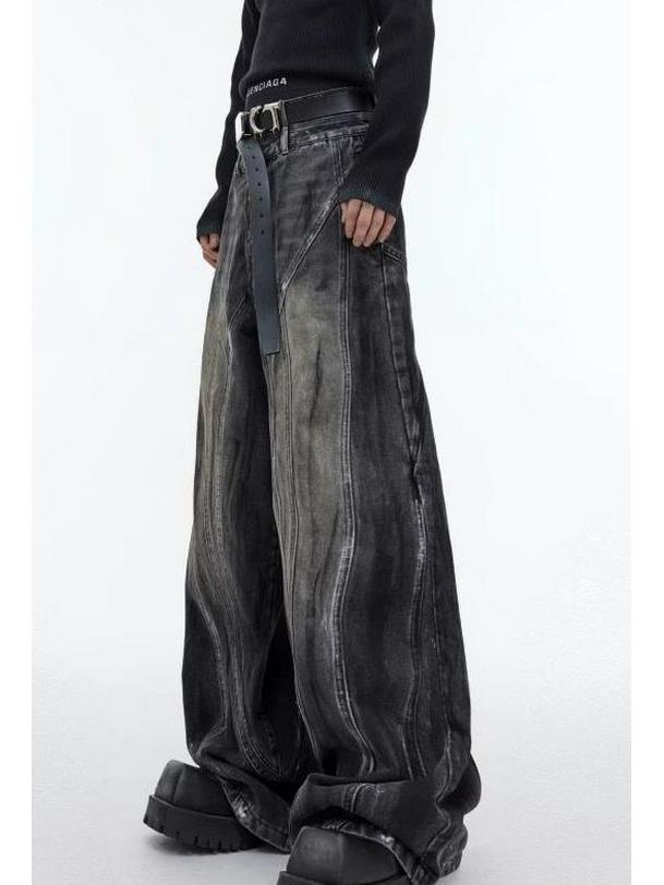 

2024 Джинсы ретро с высокой талией и широкими штанинами, с эффектом потертости, расписанные вручную XL темно-серого