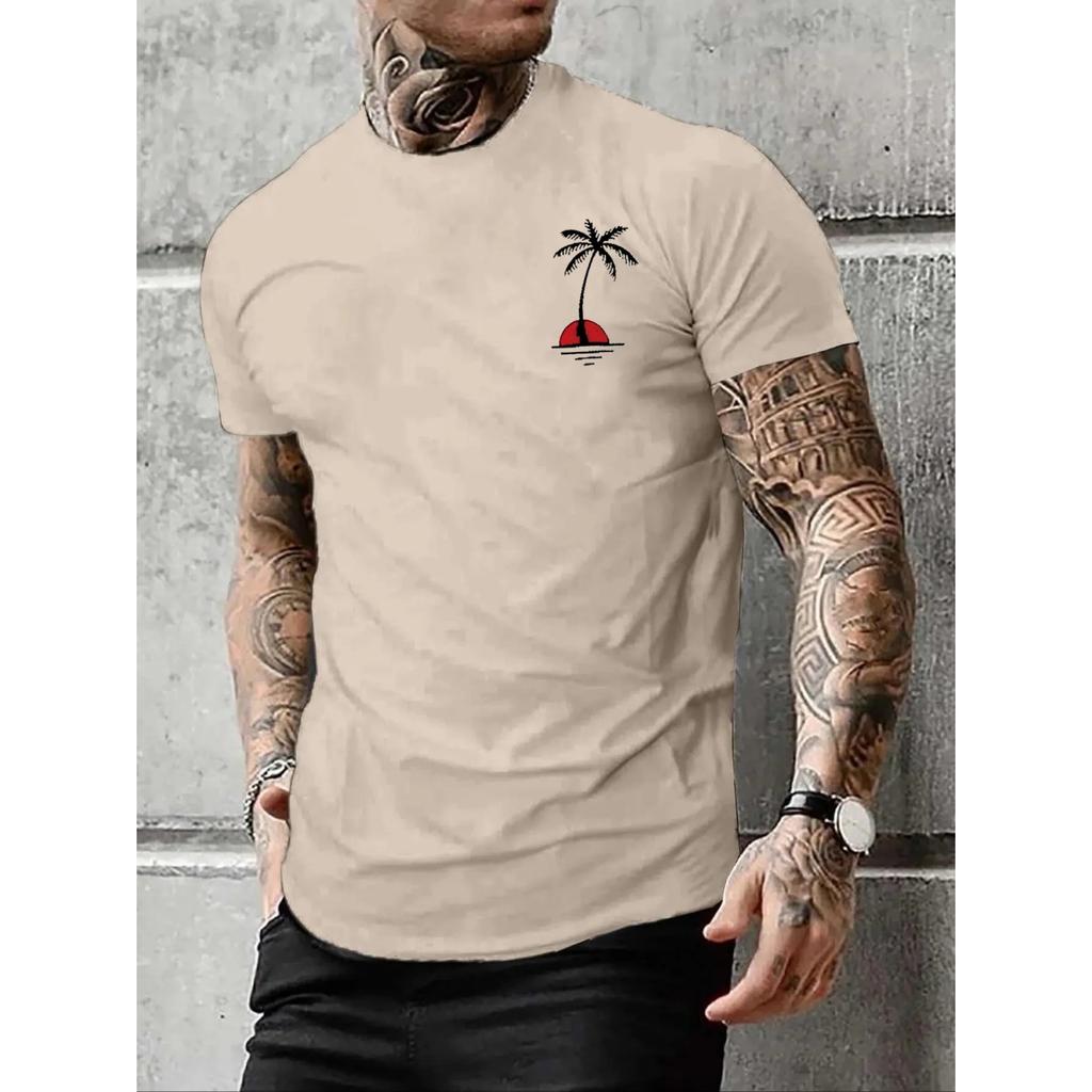 Herren Sommer Freizeit Locker Größe 100% Baumwolle Kokospalmen Muster Druck Rundhals Kurzarm T-Shirts
