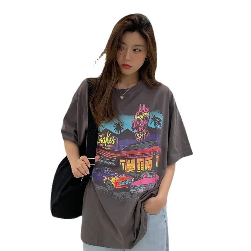 Vintage Distressed American Style Short Sleeve T-Shirt Plus Size Women's Clothing Loose Fit Slimming Medium Length Shirt
